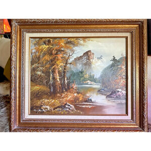 Vintage Signed Gold Gilded Framed Mountain Landscape Trees Art Painting